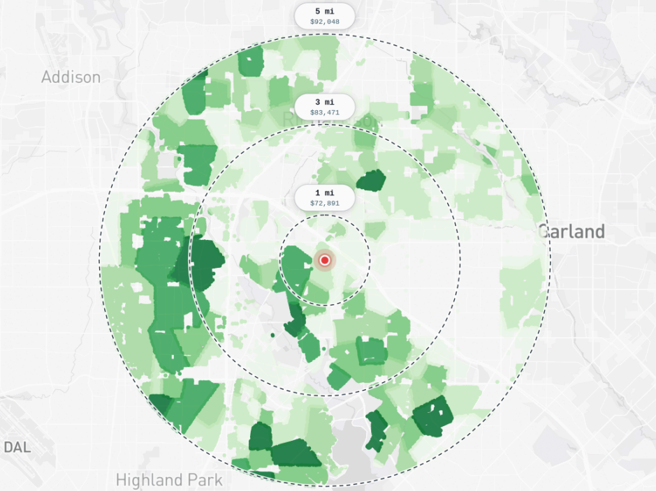 Map showing median household income heatmap across 1, 3, and 5 mile radii around a market location