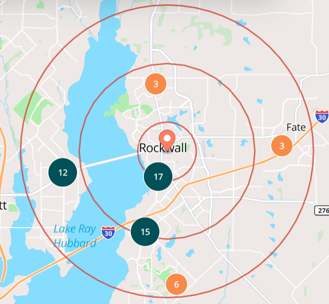 Interactive map showing radius analysis around Rockwall, TX with provider density clusters