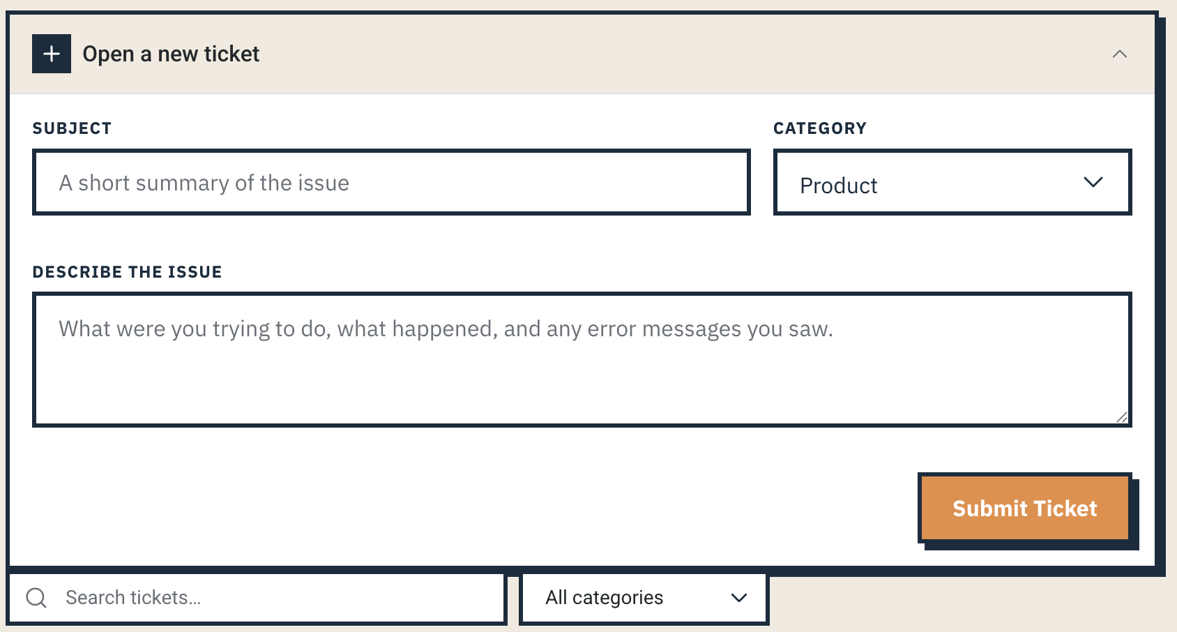 New ticket form with Subject, Category, and Describe the issue fields