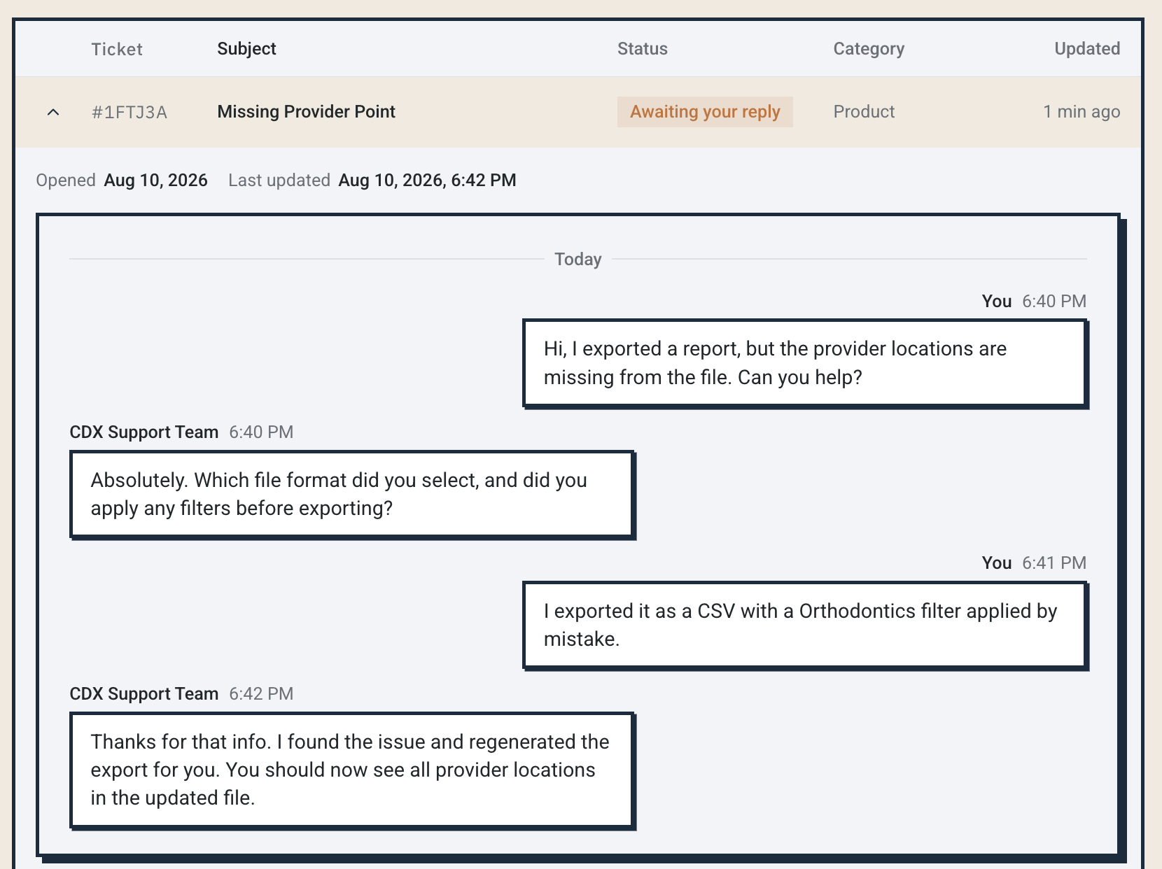 Expanded ticket conversation and reply field