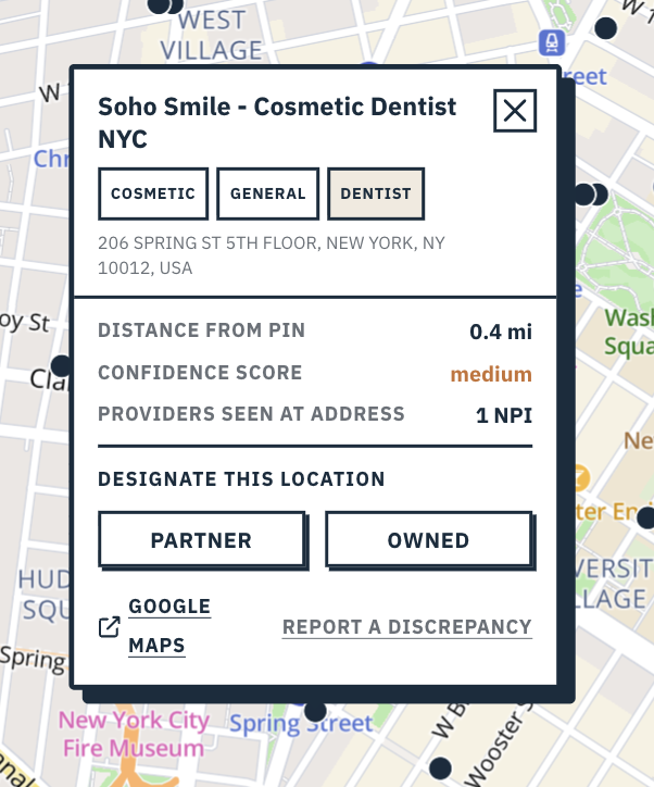 The full provider popup with designation buttons and discrepancy reporting.